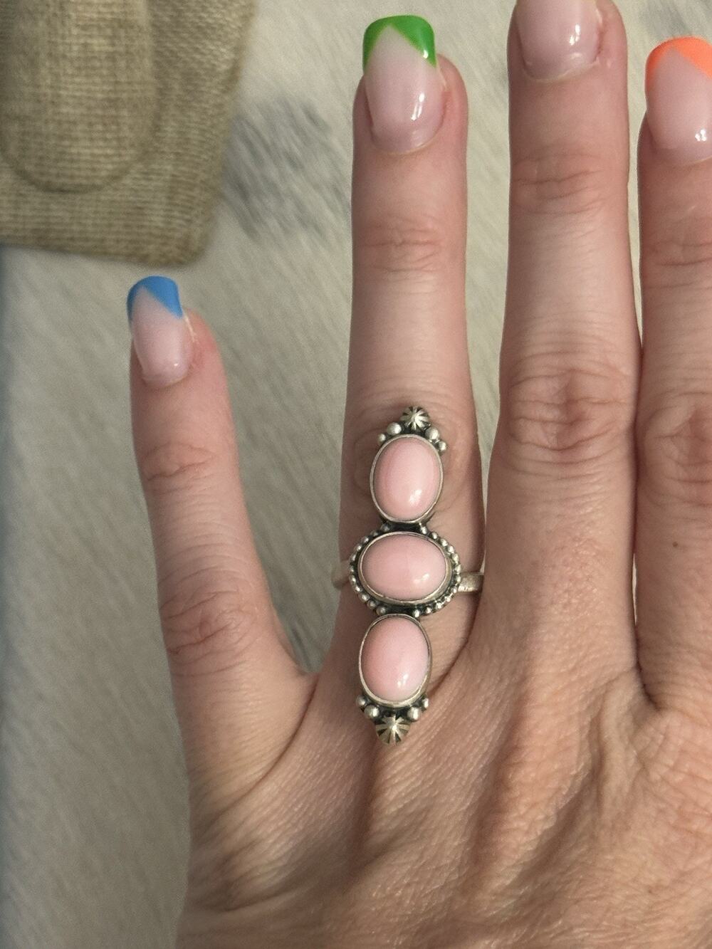 Long Sterling Silver Pink Conch Multistone 3 Stone Ring 925 Adjustable Concho